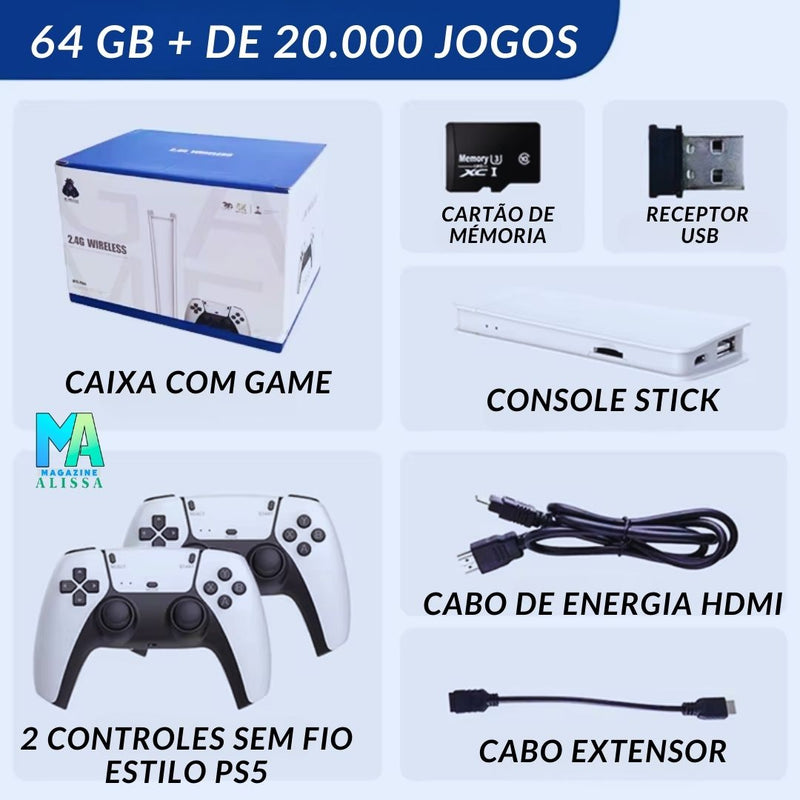 Nostalgic RetroPlay ✅ Mini console Stick com controles PS5 sem fio + de 20.000 Jogos Retrô